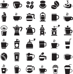 Coffee Silhouette Vector Bundle | Cafe Icons Set | Cup, Beans, Mug, Grinder Vector Illustration