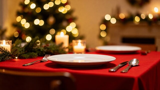 Elegant dining table set for Christmas dinner with festive decorations  