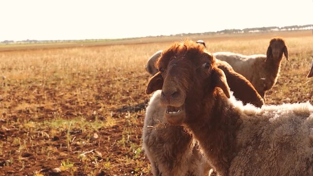 Close-up of a sheep chewing cud with dry grass stuck on its mouth under warm sunlight in a rural field. Perfect for agriculture, veterinary education, animal behavior, and natural lifestyle themes.