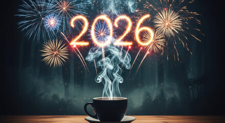 New Year 2026 concept with coffee mug and bright fireworks display