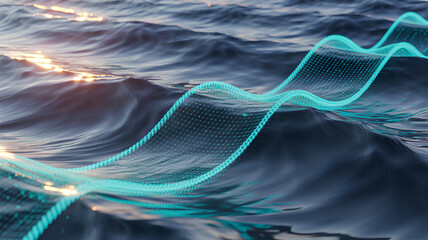 Digital ocean waves represent fusion of 5G technology and IoT networks, creating seamless connection across vast waters