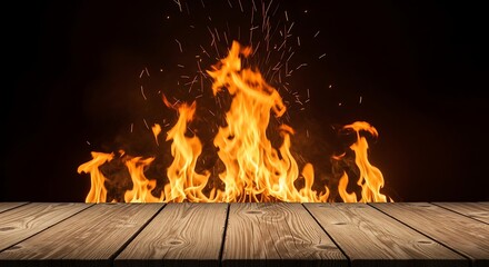 Intense Flames Erupting Above a Rustic Wooden Surface with Sparks Flying