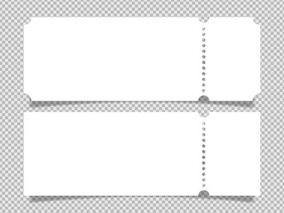 Blank White Ticket Template Vector Mockup. Empty Coupon or Admission Pass with Perforation and Shadow on Transparent Background.