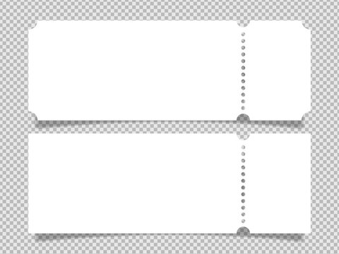 Blank White Ticket Template Vector Mockup. Empty Coupon or Admission Pass with Perforation and Shadow on Transparent Background.
