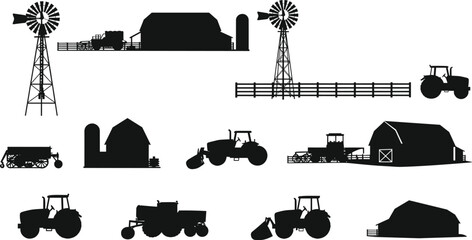 Farm machinery silhouette, barn vector icons, windmill illustration, tractor drawing, rural equipment, agriculture elements, fence, silo, cad drawing flat vector illustration © Mostafizar