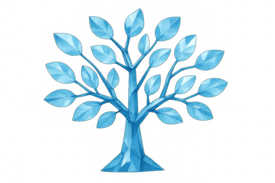 Stylized crystal tree growing with blue ice leaves, depicting nature, winter, and abstract beauty, transparent background