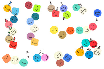 Colorful Smiley Faces Party – Cute Happy Character Set for Kids Celebration, Hand Painted Style. isolated elements. transparent background.