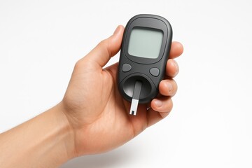 Human hand holding a glucometer front three quarter view with strip port visible on white