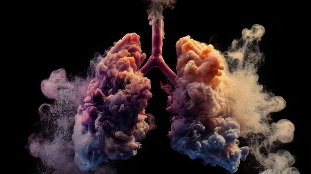 Colorful smoke forming lungs on black background