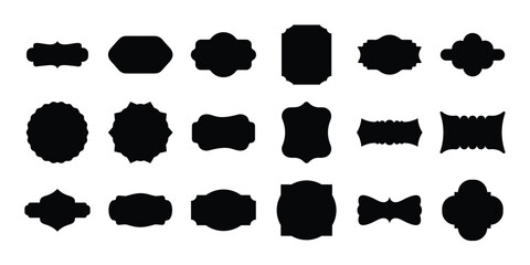 Collection of decorative black silhouettes of vintage frames and labels on white background