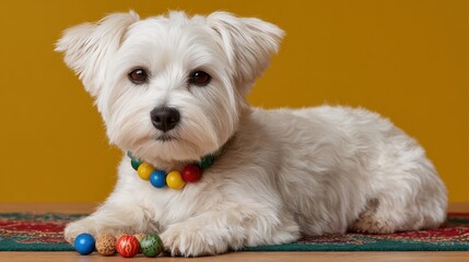 A small fluffy white dog wears a colorful beaded collar and plays with colorful balls