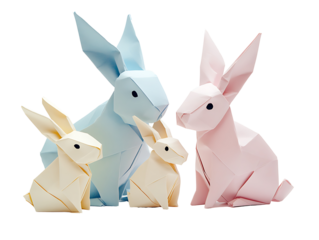 PNG file Origami Bunnies: Playful origami bunny family, meticulously crafted from folded paper in pastel colors. Symbolizes art and creativity. on transparent background PNG