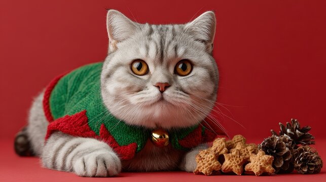 Cute grey tabby cat in elf costume with Christmas cookies and pinecones