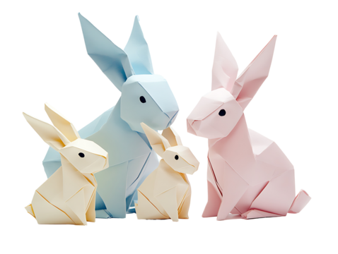 PNG file Origami Bunnies: Playful origami bunny family, meticulously crafted from folded paper in pastel colors. Symbolizes art and creativity. on transparent background PNG