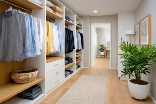 Modern walk-in closet with organized clothes and shelves - Powered by Adobe