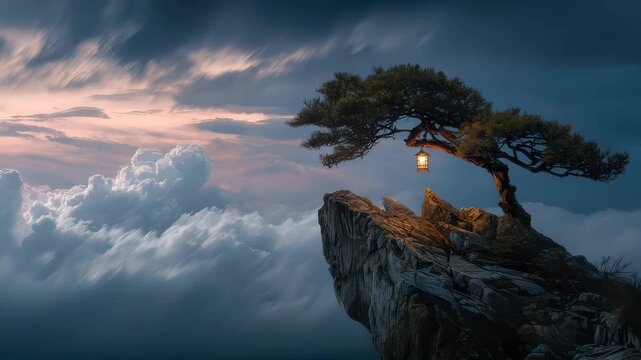 Lonely tree with lantern growing on a cliff at sunset above the clouds
