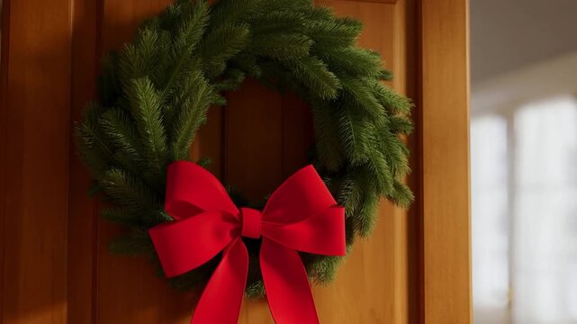 Traditional christmas wreath with a red bow on a wooden door in soft natural hallway light, seamless loop, concept of quiet welcoming home holiday spirit