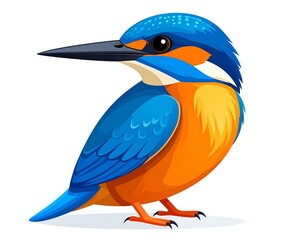 Obraz premium A vibrant, cartoon-style depiction of a small bird with striking blue and orange plumage, a long beak, and a bright white background