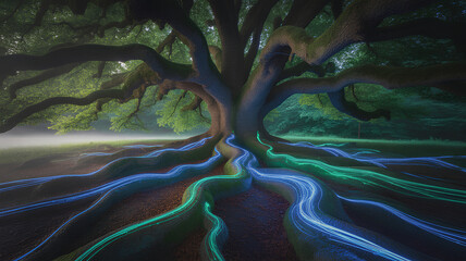 Majestic tree with sprawling roots and vibrant light trails flowing around it creates captivating scene of nature and technology. interplay of 5G