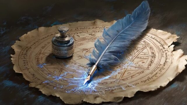 Magic feather pen emitting blue sparkles is writing a spell on ancient parchment