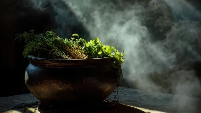 Steaming herbs in cauldron releasing aromatic smoke creating mystical atmosphere