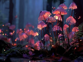 Glowing mushrooms in a twilight forest, magical atmosphere - Fantasy Scene of Glowing Pink Mushrooms and Fireflies in a Dark, Misty Forest at Night