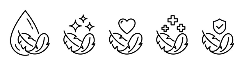 Sensitive skin icon set. Organic cosmetic skin care components for healthy and hydrated skin. Sensitive skin label, logo, badge, sign, symbol, banner, black, line, flat vector, isolated illustration.