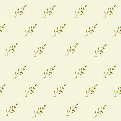 A seamless pattern with autumn green branches. A delicate watercolor print on a beige background, colorful illustration.