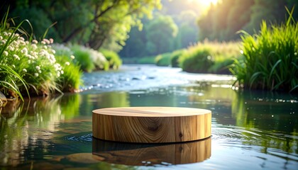 Wooden podium on a river for product presentation in nature.