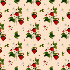 Hand-drawn watercolor painting of strawberries on a peach background. Fruit watercolor illustration. Watercolor fruit pattern.