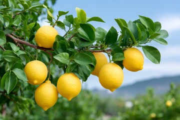 Ripe yellow lemons growing on a green tree branch