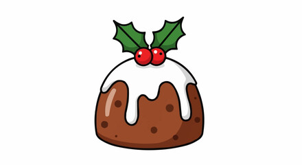 Vector illustration of a delicious Christmas pudding dessert with holly leaves, perfect for winter holiday designs