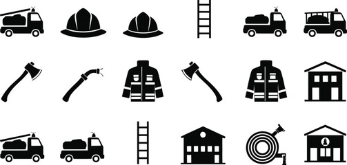 Firefighting icons, fire truck, firefighter gear, safety equipment, emergency tools, rescue symbols, fire station, vector set, flat illustration