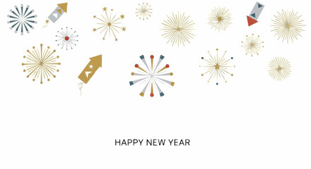 Vibrant vector illustration for a festive winter new year 2026 celebration, showcasing abstract fireworks and rockets forming a joyful graphic design banner