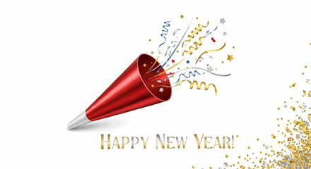 Festive Red Party Popper Exploding with Confetti and Streamers, Celebrating Winter New Year 2026