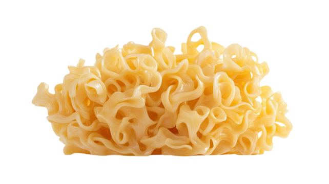Uncooked instant noodles with curly texture and dry square block shape showing raw Asian food ingredient isolated on white background