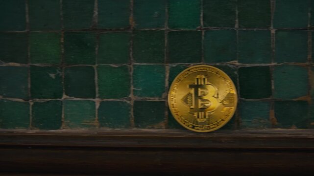 The camera swiftly moves right to left past a golden bitcoin propped up against a textured green mosaic wall, evoking urgency and momentum.
