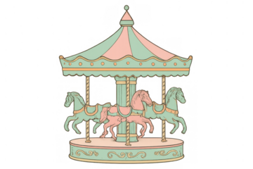 Vintage carousel with ornate horses spinning, representing childhood memories and amusement park fun on transparent background