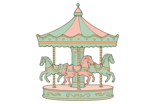 Vintage carousel with ornate horses spinning, representing childhood memories and amusement park fun on transparent background