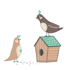 Minimalist vector illustration featuring two cute Scandinavian-style birds near a wooden birdhouse in pastel mint and beige tones. Perfect for children&rsquo;s room decor, nursery prints, spring 