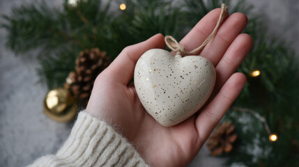 Ivory ceramic heart ornament with golden speckles, held gently in hand against a festive pine and pinecone background