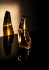 Elegant perfume bottle with dramatic lighting and reflection