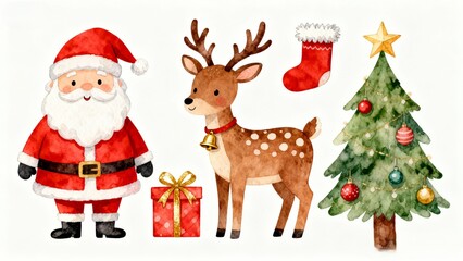 Whimsical Watercolor Christmas Set with Santa Claus, Reindeer, Gift Box, and Festive Tree