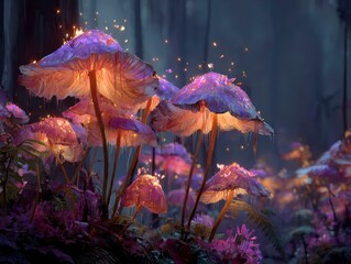 Glowing mushrooms in a twilight forest, magical atmosphere - Enchanted Fairy Tale Scene with Bioluminescent Pink Mushrooms and Glowing Particles in a Dark Forest