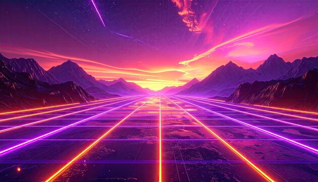 This stunning digital illustration depicts a vibrant and futuristic landscape, featuring neon lines receding towards a sunset.