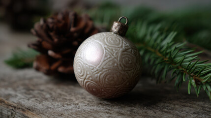 Ceramic ornament with embossed spiral texture and soft pearl sheen, surrounded by pinecones and evergreen branches on rustic wood