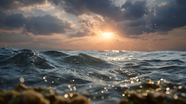 Golden sunlight breaks through stormy clouds over ocean waves at sunset
