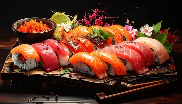A platter of assorted sushi with various types of fish and toppings. - Powered by Adobe