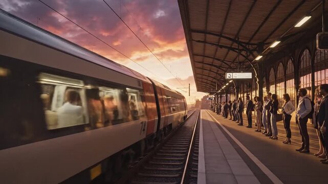Railway platform with stationary train under a golden sunset, emphasizing scenic commuter scene, train operations, and the atmospheric beauty of evening light on transit systems