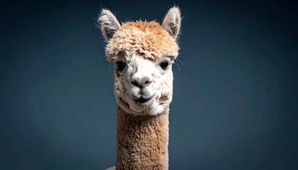 Close-up Portrait of a Curious Alpaca Against a Dark Background.